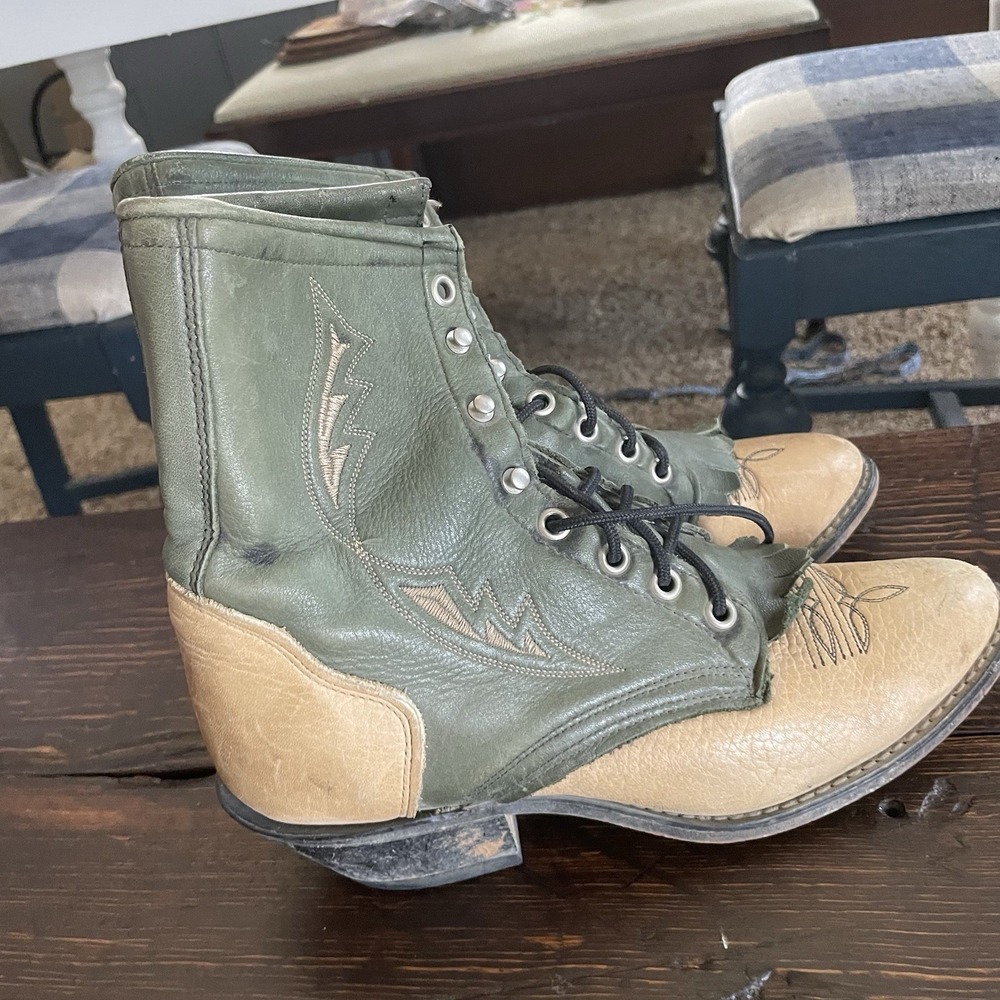 Laredo 2-Tone Granny Leather Lacer Packer Kiltie Western Boots Womens Sz 6.5